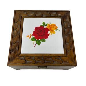 Vintage Handmade Carved Wood & Ceramic Tile Roses Trinket Jewelry Box Large 6.5"